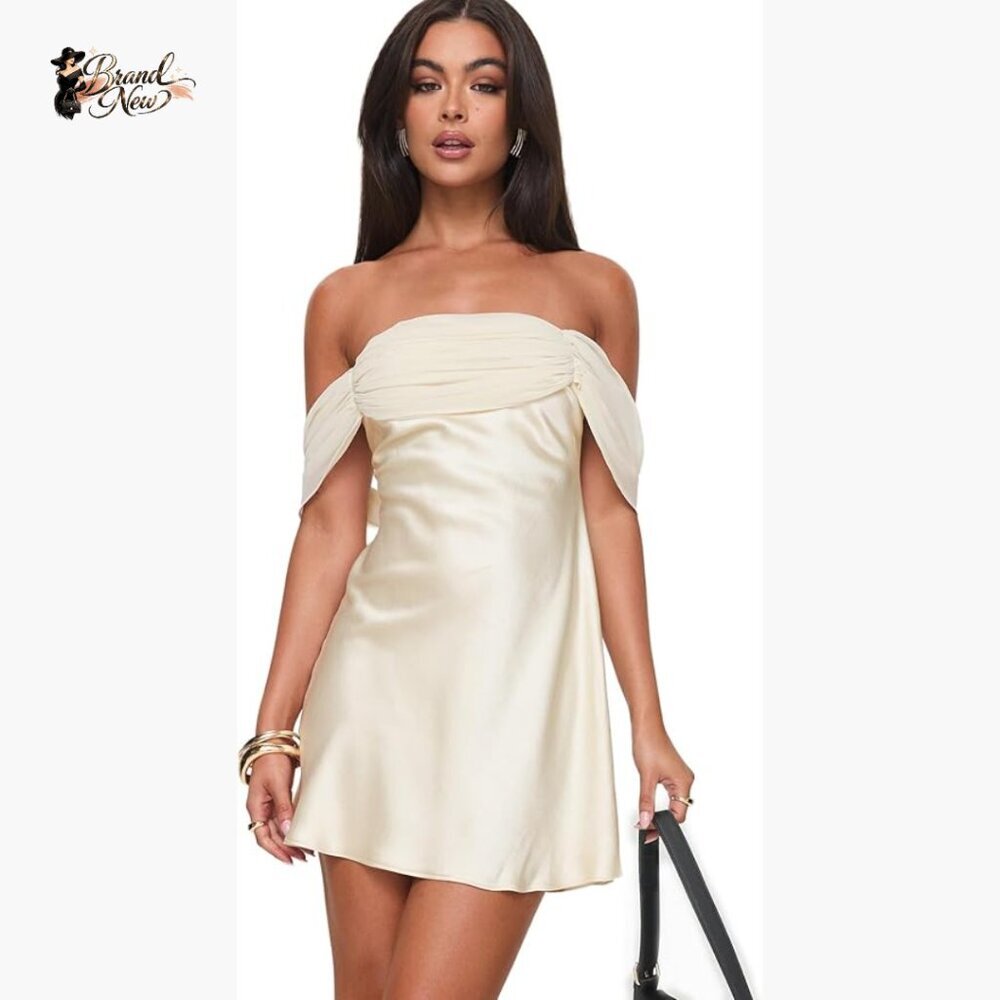 Ruched Off-Shoulder Mini Dress with Adjustable Straps, Lightweight Polyester